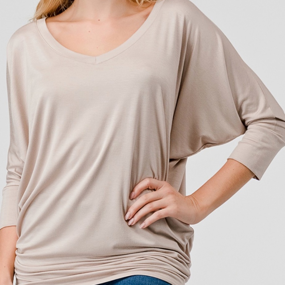 Light Taupe V-Neck Dolman Sleeve Top